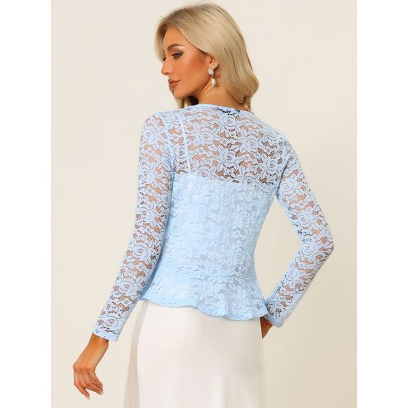 Floral Lace Shrug Tie Front Ruffled Hem Sheer Crop Bolero Cardigan Light Blue - Picture 3 of 6